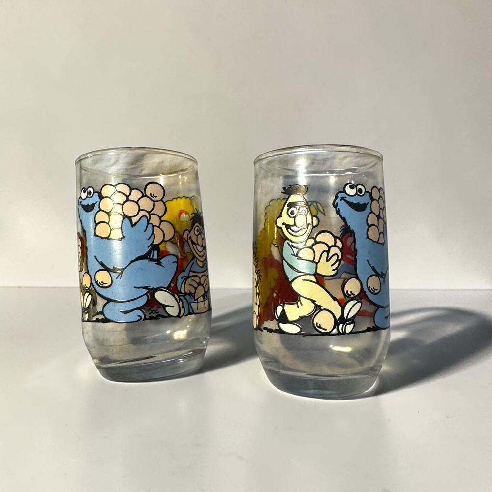 Vintage Sesame Street Juice Glasses Set of 2, Bert Ernie Big Bird Cookie Monster